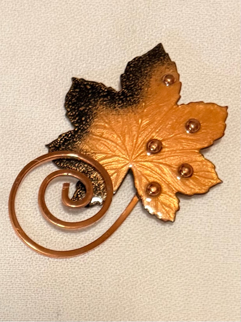 Vintage Matisse Renoir Copper Leaf Spiral Brooch with Accent Dots- 2 3/4”